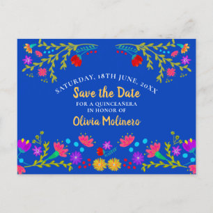 Cartão Postal De Anúncio Salve a data Floral Mexicana Fiesta Royal Blue