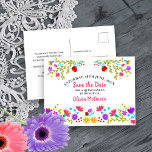 Cartão Postal De Anúncio Salve a Data Floral Mexicana Fiesta White<br><div class="desc">Salve o Cartão-postal de data que você pode personalizar para se adequar a qualquer ocasião. O design floral tem uma abundância de flores bonito mexicanas Fiesta na frente com uma tipografia doce a rosa. O modelo está configurado para você personalizar o cartão postal com sua data especial, sua ocasião e...</div>
