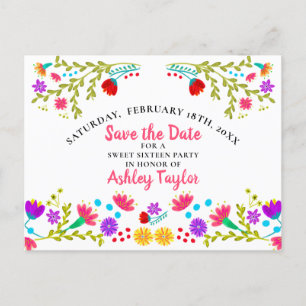 Cartão Postal De Anúncio Salve a data Floral Mexicana Fiesta White Sweet 16