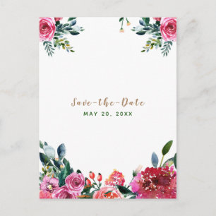 Cartão Postal De Anúncio Salve a Data Floral Vintage Aquarela Rosa Verde
