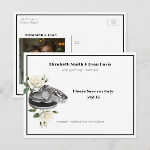 Cartão Postal De Anúncio Salve a Data Foto & Alianças de Casamento