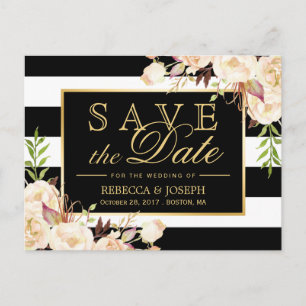 Cartão Postal De Anúncio Salve a Data - Listras Florais Tons de Marfim