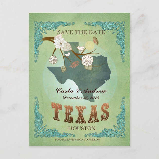 Cartão Postal De Anúncio Salve A Data - Mapa do Texas Com Lindos Pássaros (Frente)