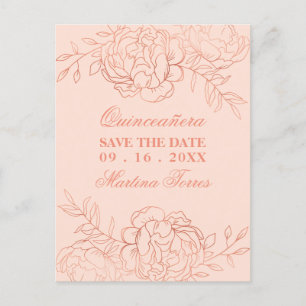 Cartão Postal De Anúncio Salve a Data Rosa e Dourado Rosa Arte Floral Fina