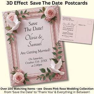Cartão Postal De Anúncio Salve a Data - Rosas Rosa e Pombas Casamento