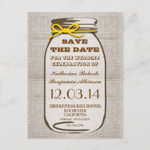 Cartão Postal De Anúncio salve a data rustic juta jarra de mason