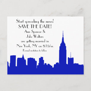 Cartão Postal De Anúncio Salve a Data Silhueta Azul Royal NYC