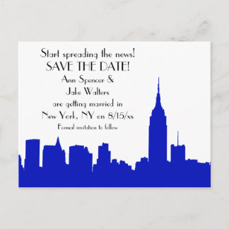 Cartão Postal De Anúncio Salve a Data Silhueta Azul Royal NYC
