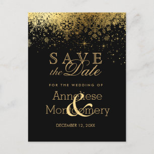 Cartão Postal De Anúncio Salve a Data Stylish Preto e Dourado Floco de Neve