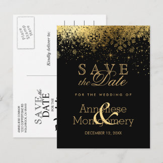 Cartão Postal De Anúncio Salve a Data Stylish Preto e Dourado Floco de Neve