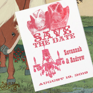 Cartão Postal De Anúncio Salve a data Western Pink Cowboy Hat Chandelier