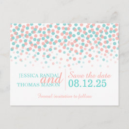 Cartão Postal De Anúncio Salve o cartão de casamento do coral de chá confet