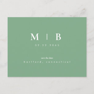 Cartão Postal De Anúncio Salve o Dia com Monograma Verde Simples e Elegante