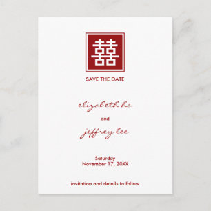 Cartão Postal De Anúncio Salve o Dia da Felicidade Dupla Vermelha Casamento