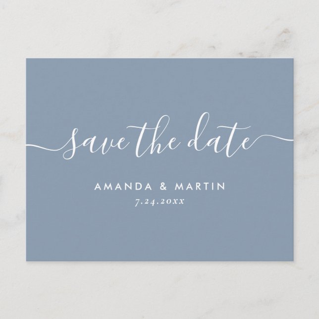 Cartão Postal De Anúncio Salve o Dia de Casamento em Azul Empoeirado Modern (Frente)