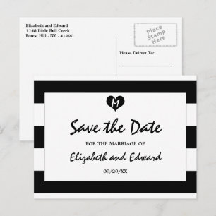 Cartão Postal De Anúncio Salve o Dia de Casamento Preto e Branco Moderno Ch
