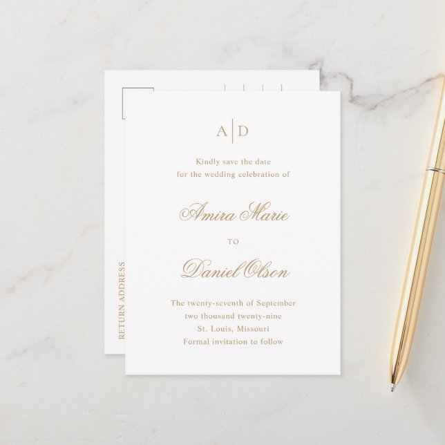 Cartão Postal De Anúncio Salve o Dia do Casamento Clássico em Ouro Limpo (Frente/Verso In Situ)