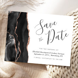 Cartão Postal De Anúncio Salve o Dia em Ágata Preta com Dourado Rosa Modern
