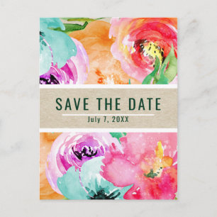 Cartão Postal De Anúncio Salve o Dia em Aquarela Floral Brilhante Moderna