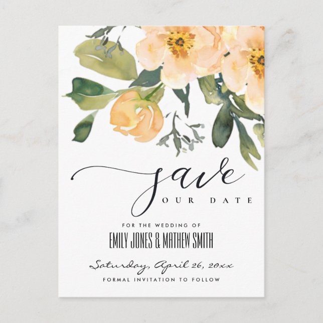 Cartão Postal De Anúncio SALVE O DIA FLORAL Aquarela COM PEÔNIA PÊSSEGO MAC (Frente)