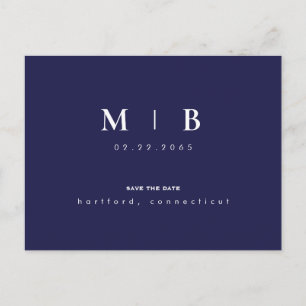 Cartão Postal De Anúncio Salve o Dia Monograma Azul Marinho Simples e Elega