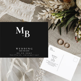 Cartão Postal De Anúncio Salve o Dia Simples Monograma Preto Casamento