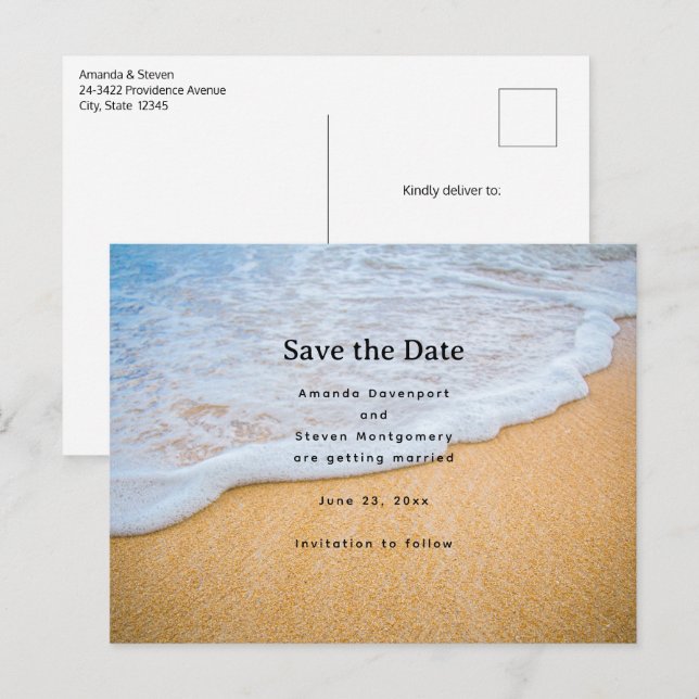 Cartão Postal De Anúncio Sandy Beach com Casamento de Surf de Foamy (Frente/Verso)