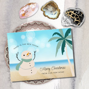 Cartão Postal De Anúncio Sandy Snowman Palm Tree on Beach New Home