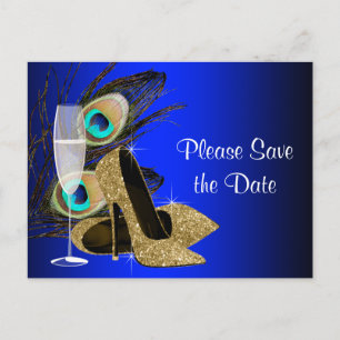 Cartão Postal De Anúncio Sapatênis Azul e Dourado Save The Date Pavão