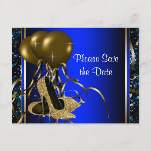 Cartão Postal De Anúncio Sapato de Salto Alto Azul e Dourado Save The Date