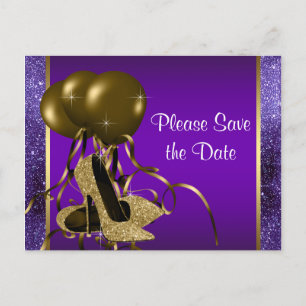 Cartão Postal De Anúncio Sapatos de Salto Alto Dourado Roxo Save The Date