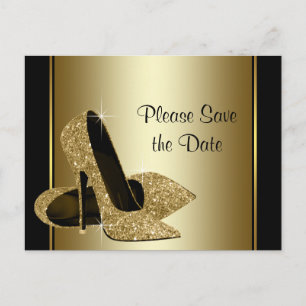 Cartão Postal De Anúncio Sapatos de Salto Alto Preto e Dourado Save The Dat