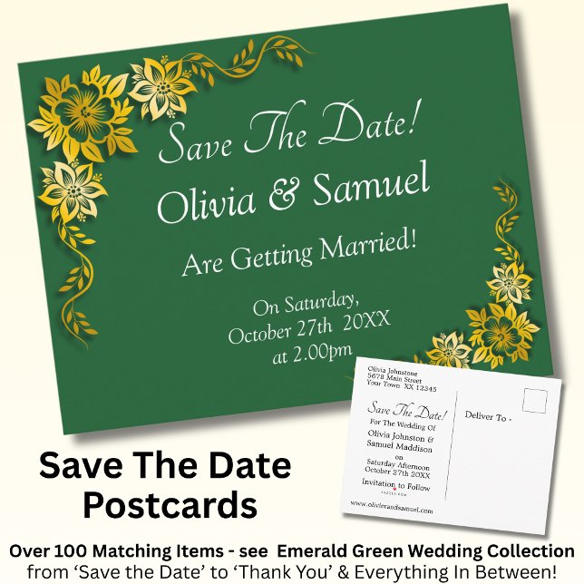 Cartão Postal De Anúncio Save The Date - Emerald Green & Gold (Criador carregado)