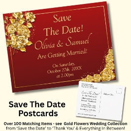 Cartão Postal De Anúncio Save The Date - Gold Roses on Maroon Red