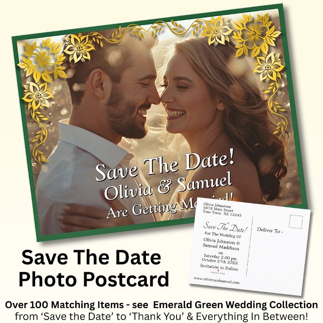 Cartão Postal De Anúncio Save The Date, Photo -Emerald Green & Gold (Criador carregado)