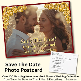 Cartão Postal De Anúncio Save The Date, Photo - Gold Roses Maroon Red