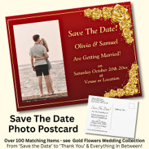 Save The Date, Photo - Gold Roses Maroon Red 