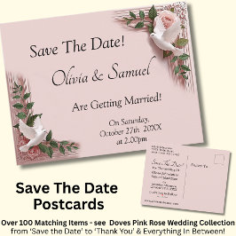Cartão Postal De Anúncio Save The Date - Pink Roses & Doves Wedding