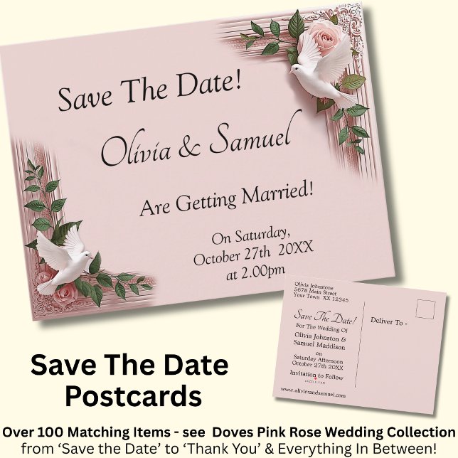 Cartão Postal De Anúncio Save The Date - Pink Roses & Doves Wedding (Criador carregado)