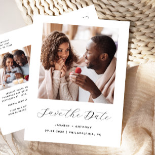 Cartão Postal De Anúncio Save the Date Preto e Branco Minimalista com 2 Fot