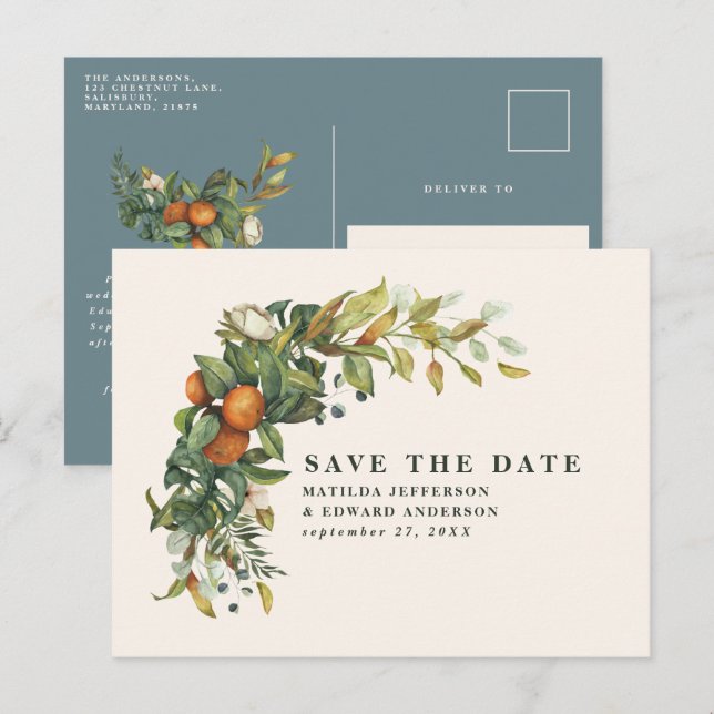 Cartão Postal De Anúncio Script elegante casamento cítrico botânico moderno (Frente/Verso)