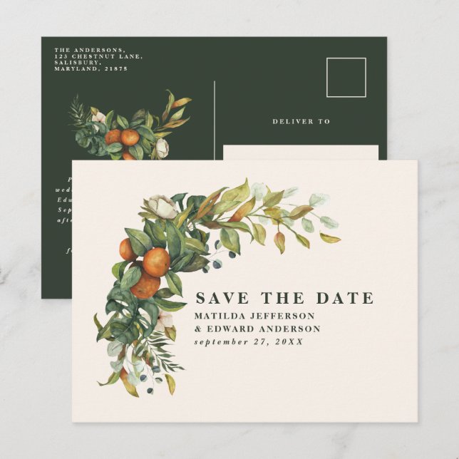 Cartão Postal De Anúncio Script elegante casamento cítrico botânico moderno (Frente/Verso)