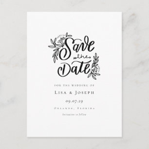 Cartão Postal De Anúncio Script Elegante Preto e Branco Save the Date