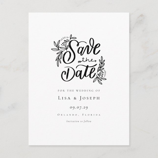 Cartão Postal De Anúncio Script Elegante Preto e Branco Save the Date (Frente)