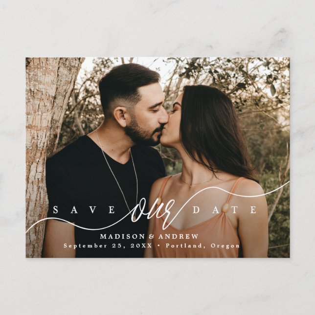 Cartão Postal De Anúncio Script Florescente Foto Salve a Data (Frente)