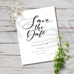 Cartão Postal De Anúncio Script preto e branco moderno Salve a data<br><div class="desc">Este minimalista salve o cartão de data apresenta um script elegante,  salve a data acima de seus detalhes definidos em tipografia elegante. Projetado por Thisnotme©</div>