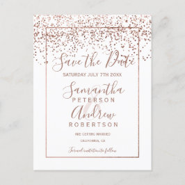 Cartão Postal De Anúncio script rosa gold confetti white salvar a data