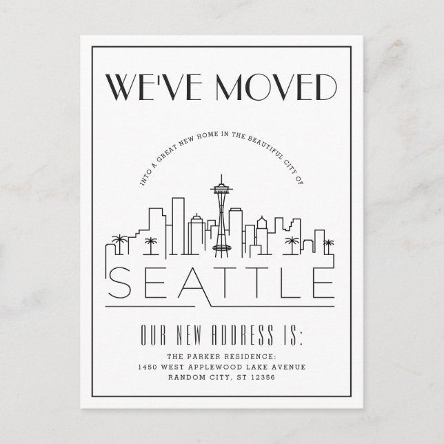 Cartão Postal De Anúncio Seattle Modern Deco | Mudança de Endereço (Frente)