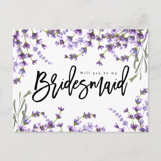 Cartão Postal De Anúncio será minha dama de honra boho lavanda floral? (Frente)