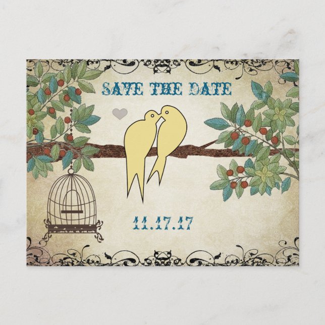 Cartão Postal De Anúncio Silhouette Yellow Birds Bird Cage Salvar Data (Frente)